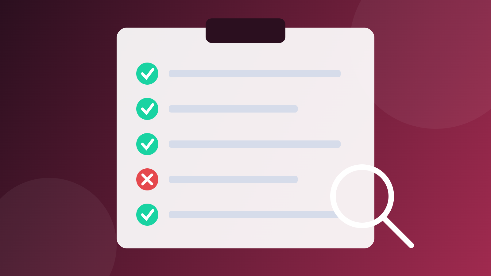 Illustration of a tracking audit checklist with one failed item and a magnifying glass