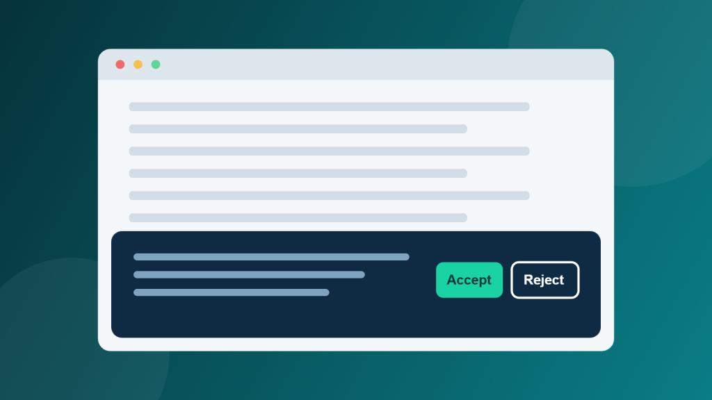 Illustration of a browser window with a cookie banner showing equal Accept and Reject buttons