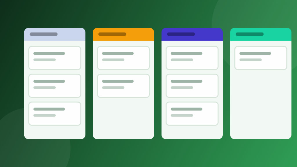 Illustration of a CRM pipeline board with deal cards in four stages