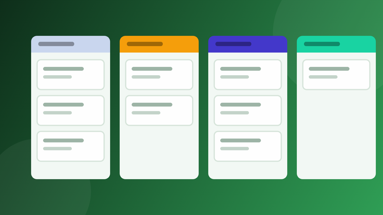 Illustration of a CRM pipeline board with deal cards in four stages