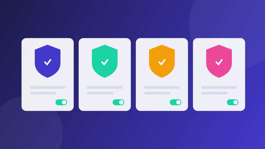 Illustration of four cookie consent plugin cards with shield icons and toggle switches