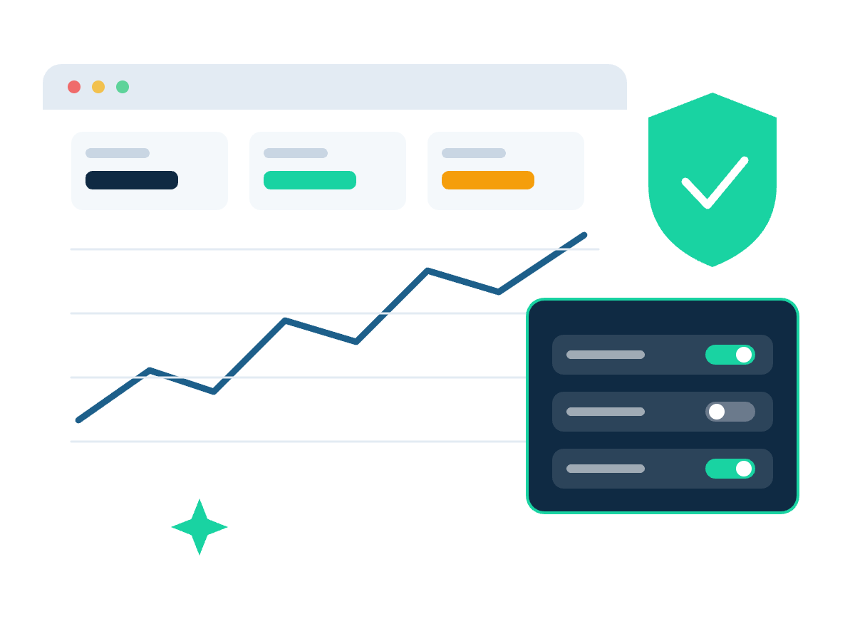 Illustration of an analytics dashboard with charts, a consent toggle panel and a privacy shield